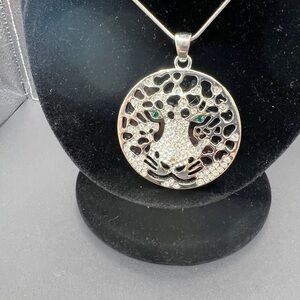 Panther Leopard Face Pendant Necklace Black Onyx Back Clear & Green Crystals 24”